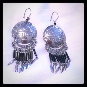 Silver and black Aztec earrings