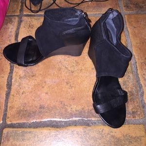 Black suede and leather wedges