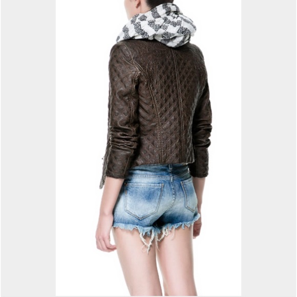 Zara brown faux leather embroidered biker jacket - Picture 2 of 3