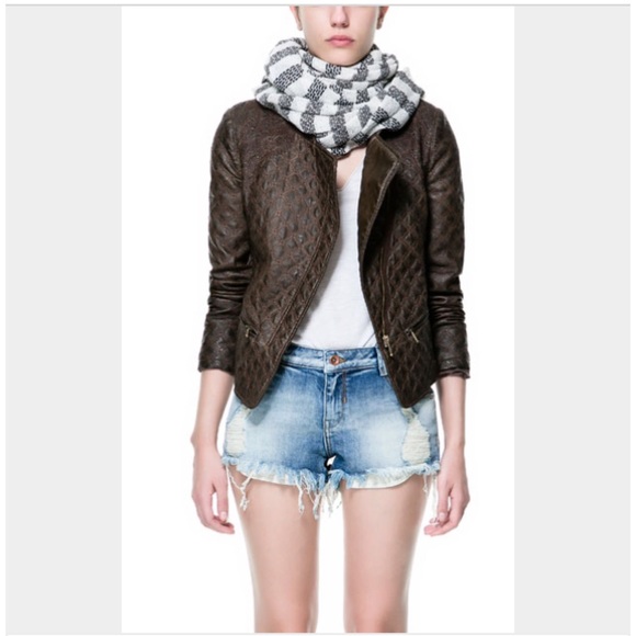 Zara brown faux leather embroidered biker jacket - Picture 3 of 3