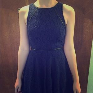 Navy blue lace dress with leather detail