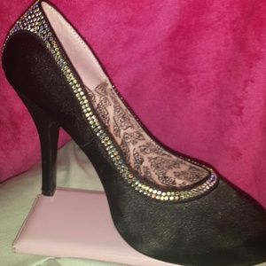 Bordello Black Satin W/Rhinestone Heels