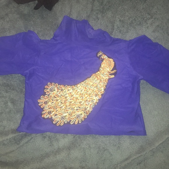 Blue & Gold Peacock Rue107 long sleeve Crop Top