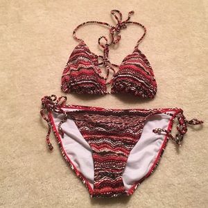 Brown and red patterned bikini