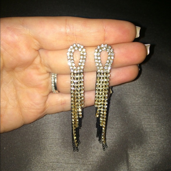Rhinestone dangle earrings with black chain accent