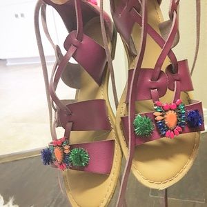 Detailed Pom Pom lace up sandals
