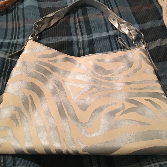 EUC silver and white zebra print tote