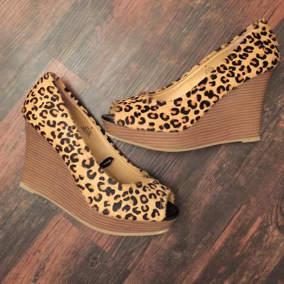 EXPRESS leopard print peep toe wedges