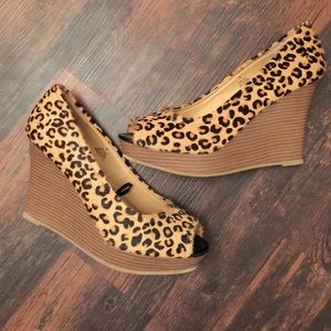 EXPRESS leopard print peep toe wedges