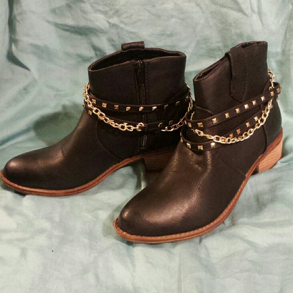 Black Moto Western Booties w/ Gold Studs & Chain