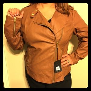 Faux brown leather jacket with gold accents
