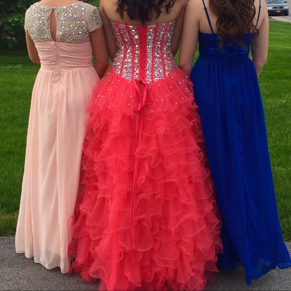 Pink Beaded Corset Ruffled Prom Dress - Picture 2 of 2