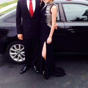 Gorgeous, open back, high collar prom dress