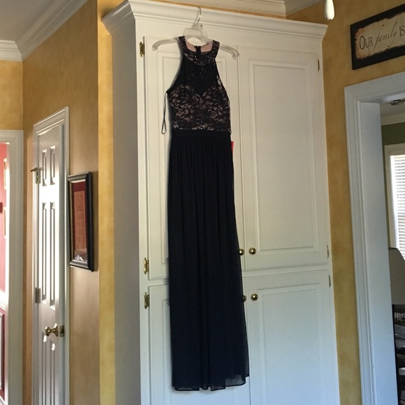 Navy and nude lace prom dress