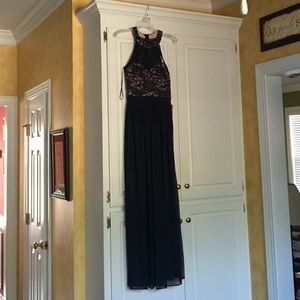Navy and nude lace prom dress