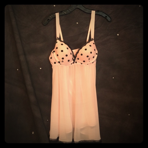 Ice Pink 2pc Nightie with Black Polka Dots & Thong
