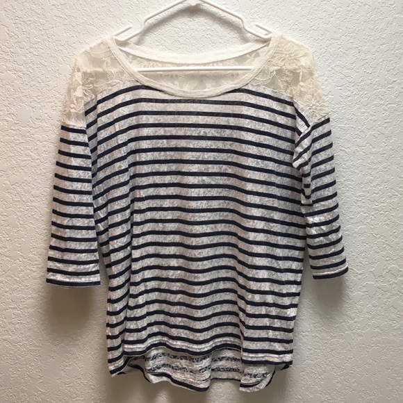 Express Lace and Striped 3/4 Sleeve Top