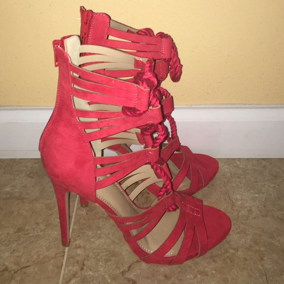 Red Faux Suede Lace Up Sandals