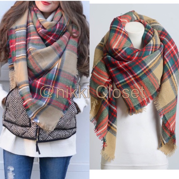 Oversized Blanket Plaid scarf wrap shawl check - Picture 2 of 5