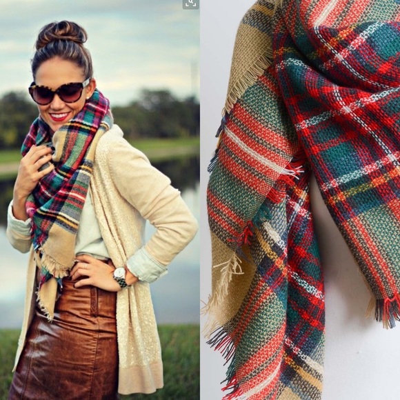 Oversized Blanket Plaid scarf wrap shawl check - Picture 3 of 5