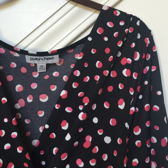 Black & pink polka dot faux wrap dress w/belt