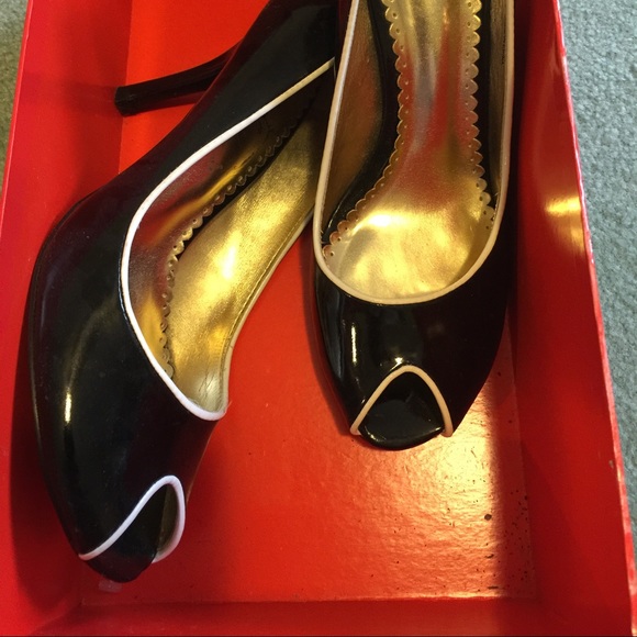 Black patent open toe stilettos