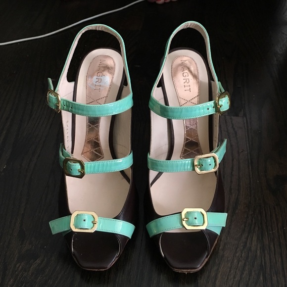 Chocolate leather and seafoam green patent leather