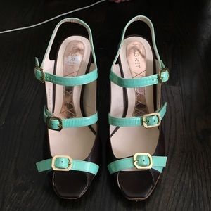 Chocolate leather and seafoam green patent leather