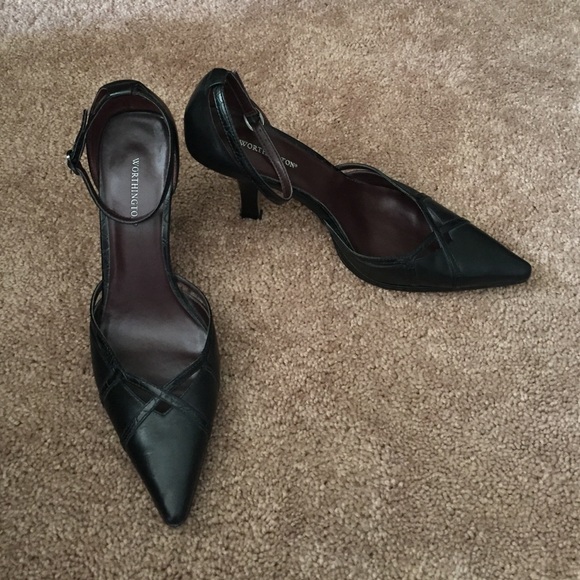 Black leather ankle-strap heels
