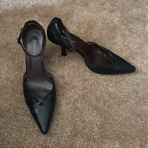 Black leather ankle-strap heels