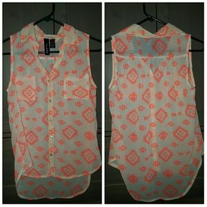 Sleeveles Aztec Print Sheer White Top (Size Med)
