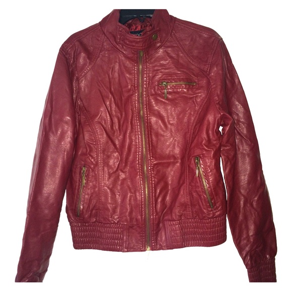 Faux leather burgundy biker jacket