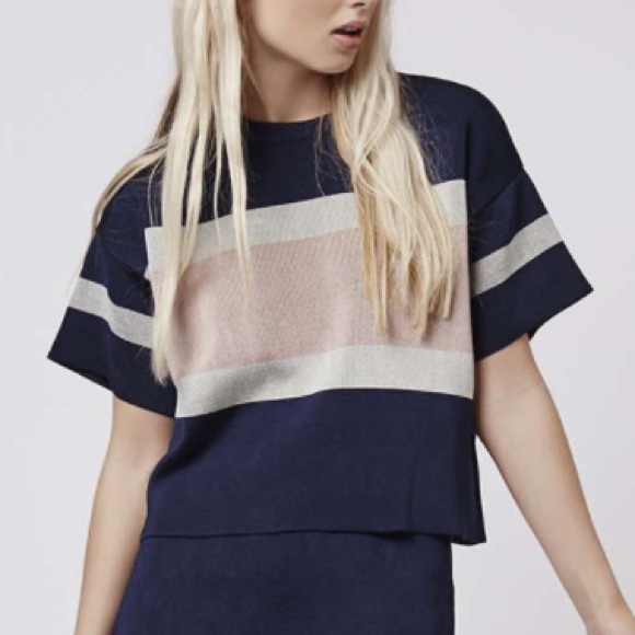 Topshop Tops - Navy Blue, Pink, White Striped Crop Top