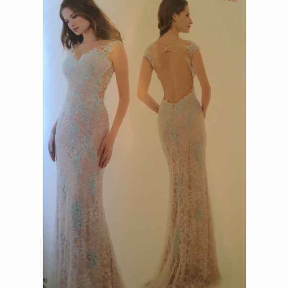 Nude and turquoise beaded event gown