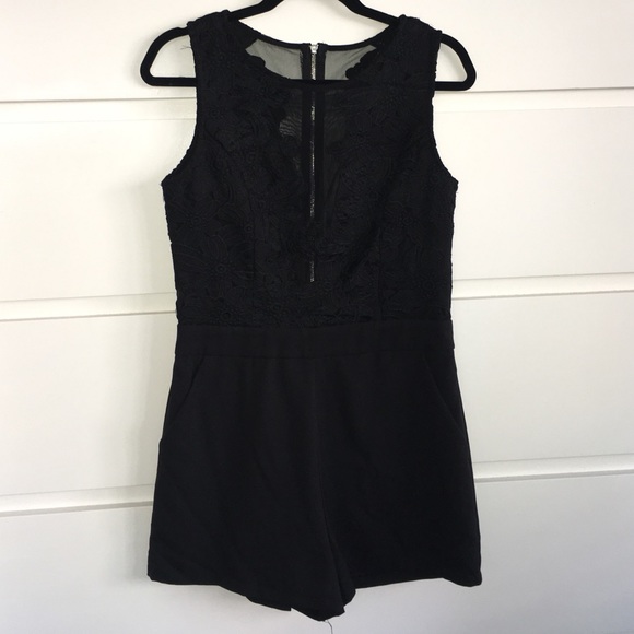 Black Romper with lace floral appliqué