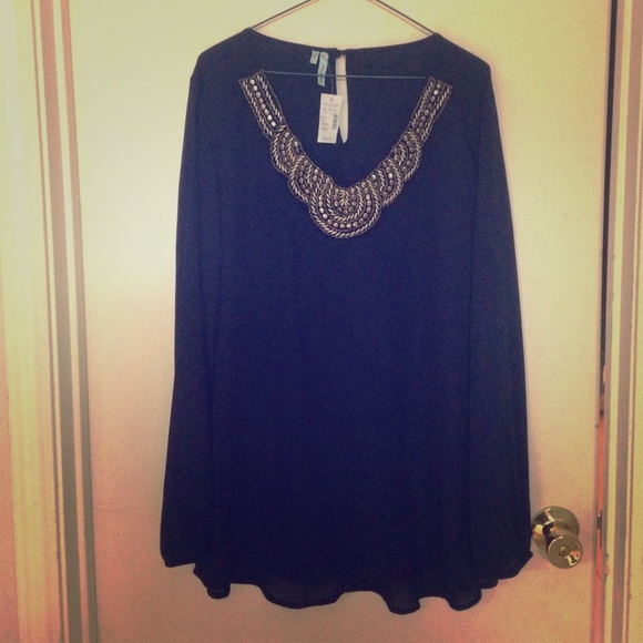 Maurice's navy blue blouse w/ beaded neck.