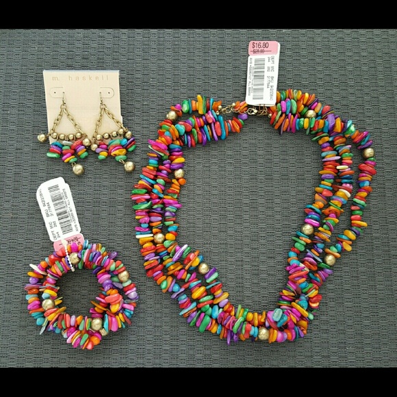 Matching beaded necklace, bracelet, and earrings
