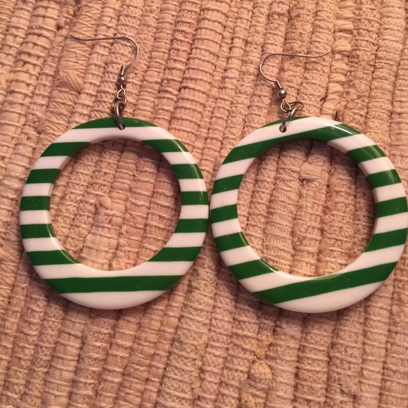 Green and white striped hoop earrings
