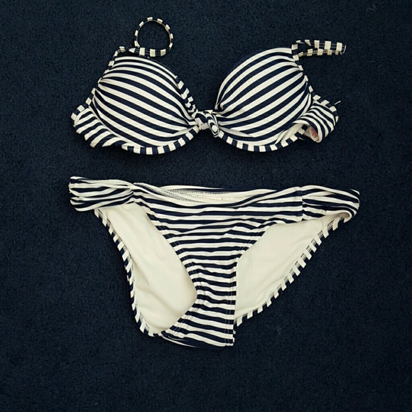Blue and white striped swim suit