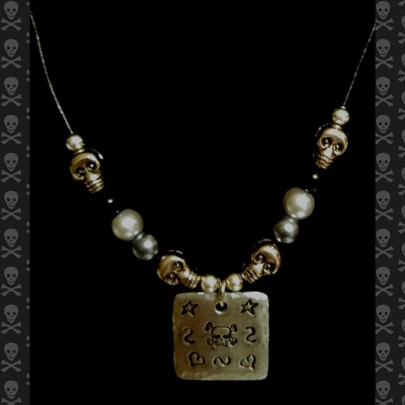 Black leather skull necklace - hand stamped!