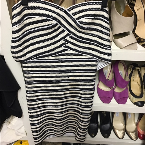 Blue striped strapless bandaid dress