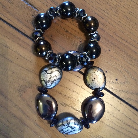Set of 2 Dark Metallic Silver Beaded Bracelets