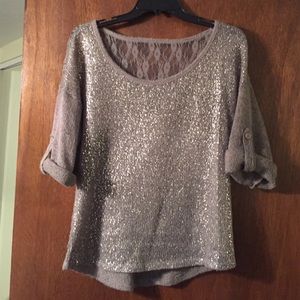 Gray sequin and lace sweater.