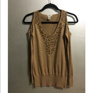 Cold shoulder gold beaded sweater
