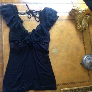 Black Ruffle V-Neck Top from Bebe