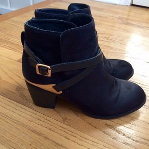 Black Suede Booties with Gold Buckles and Hardware