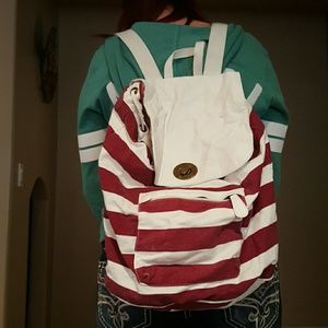 Red and white striped backpack