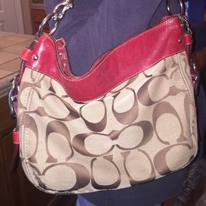 red and brown authentic coach bag 😍