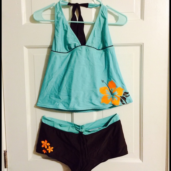 Tankini 2 piece. Mint green/brown. Orange flowers