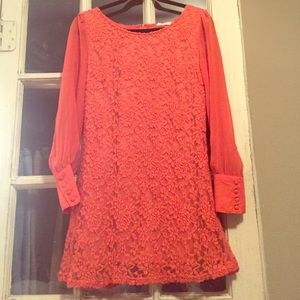 Blu Pepper orange lace shift dress w/ sheer sleeve